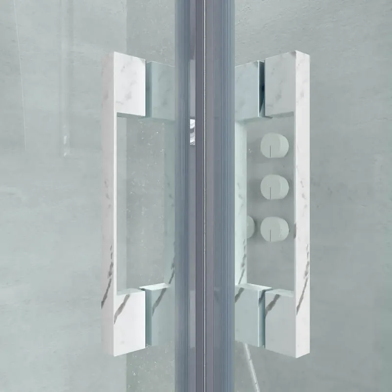 Paradoccia rettangolare FLARE apertura angolare 2 fisse-2 ante scorrevoli. Nessun profilo inferiore. Finitura effetto marmo. CALACATTA - immagine 4