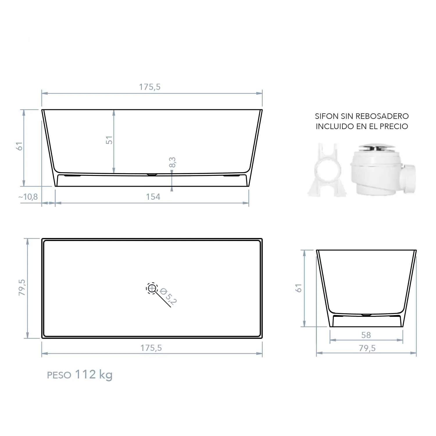Vasca freestanding ANNA rettangolare solid surface 175×79.5 cm - immagine 8