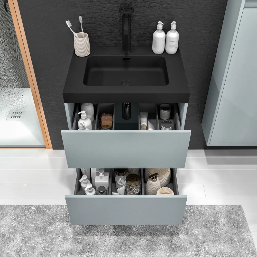 Mobile bagno sospeso 2 cassetti CARMEN con lavabo in resina finitura GRIGIO CEMENTO - immagine 2