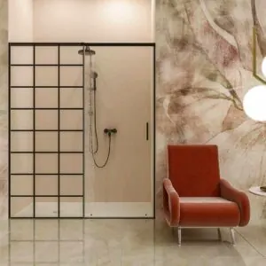 Parete doccia frontale AXER 1 fissa – 1 scorrevole anta in vetro 6 mm. SOHO decorazione industriale. Acciaio inossidabile NERO OPACO