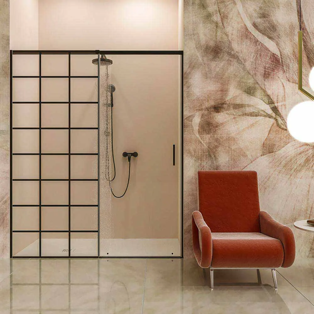 Parete doccia frontale AXER 1 fissa – 1 scorrevole anta in vetro 6 mm. SOHO decorazione industriale. Acciaio inossidabile NERO OPACO