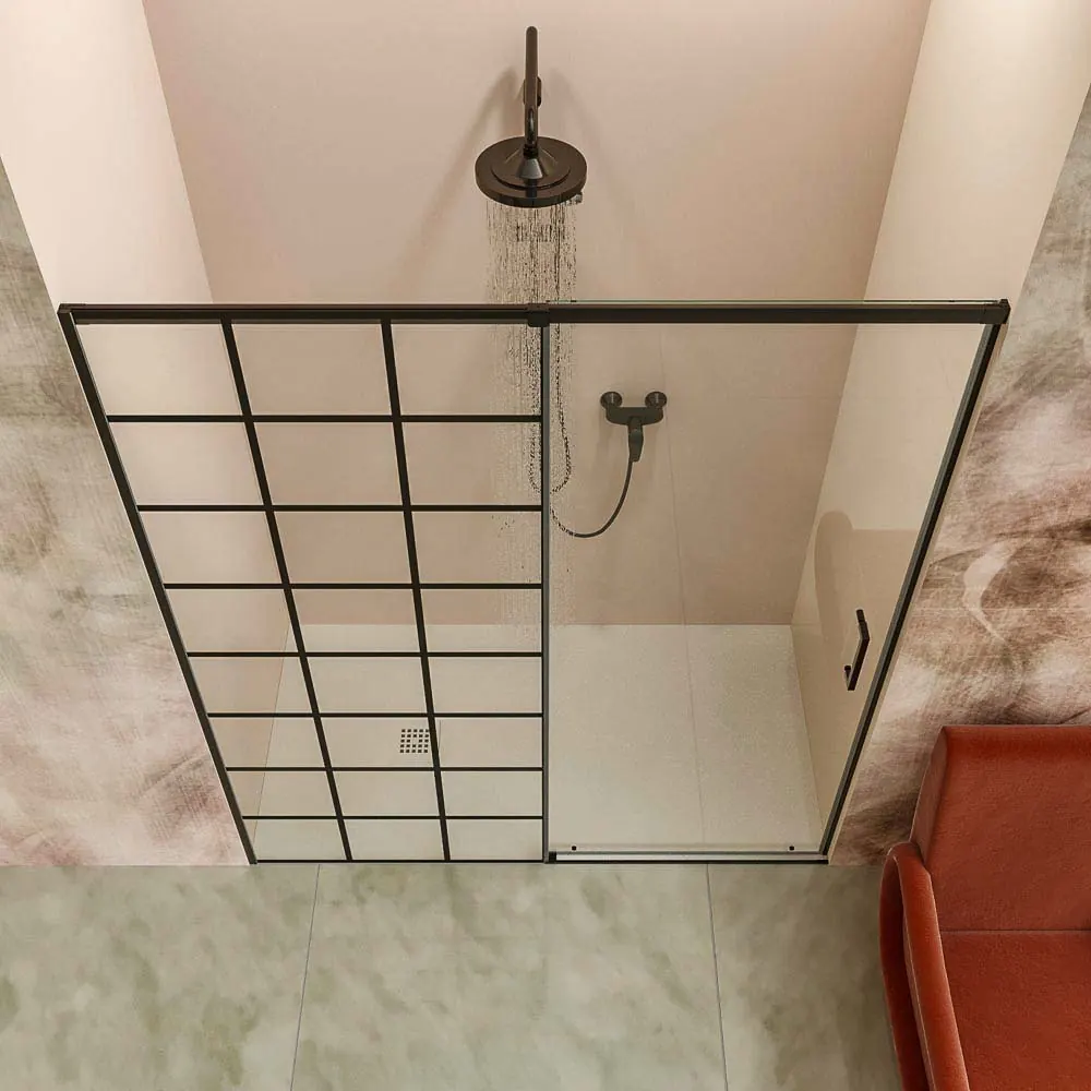 Parete doccia frontale AXER 1 fissa – 1 scorrevole anta in vetro 6 mm. SOHO decorazione industriale. Acciaio inossidabile NERO OPACO - immagine 3