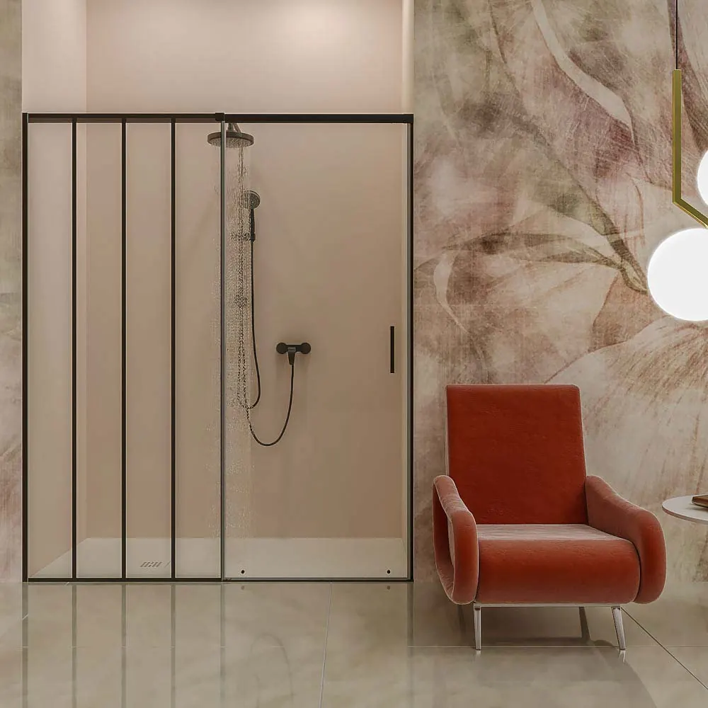 Parete doccia frontale AXER 1 fissa – 1 scorrevole anta in vetro 6 mm. SOHO decorazione industriale. Acciaio inossidabile NERO OPACO - immagine 2