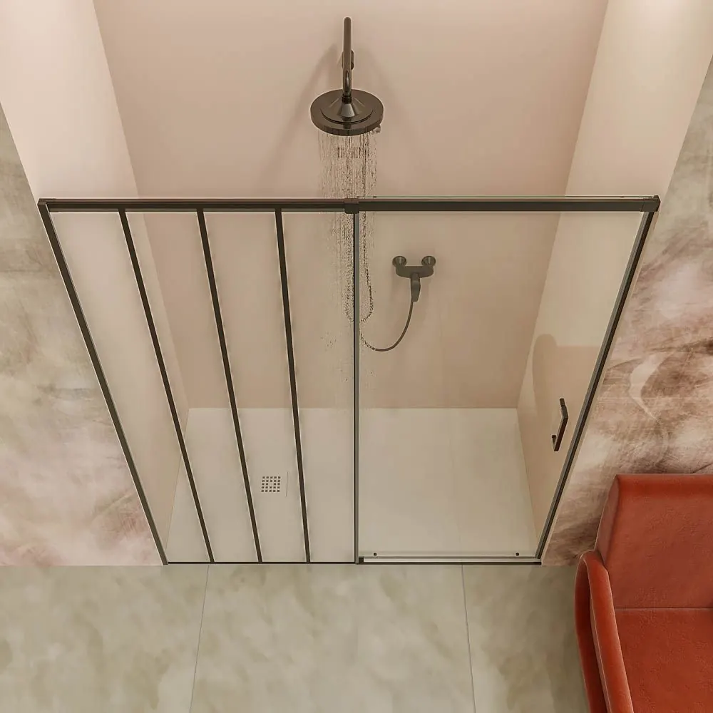 Parete doccia frontale AXER 1 fissa – 1 scorrevole anta in vetro 6 mm. SOHO decorazione industriale. Acciaio inossidabile NERO OPACO - immagine 4