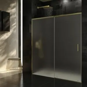 Parete doccia frontale AXER 1 fissa – 1 anta scorrevole vetro opaco 6 mm. ACCIAIO INOX finitura ORO OPACO