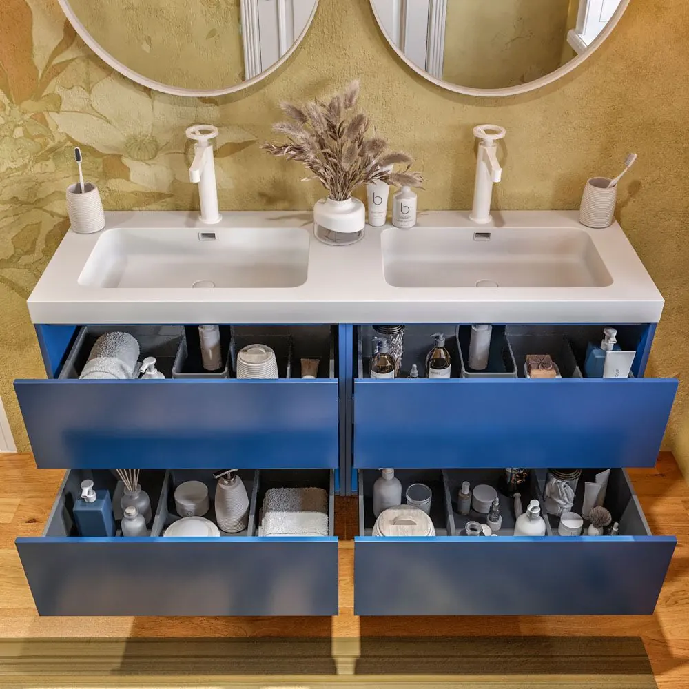 Mobile bagno sospeso cm 120 4 cassetti CARMEN con doppio lavabo 2 lavelli resina finitura BLU COBALTO - immagine 7