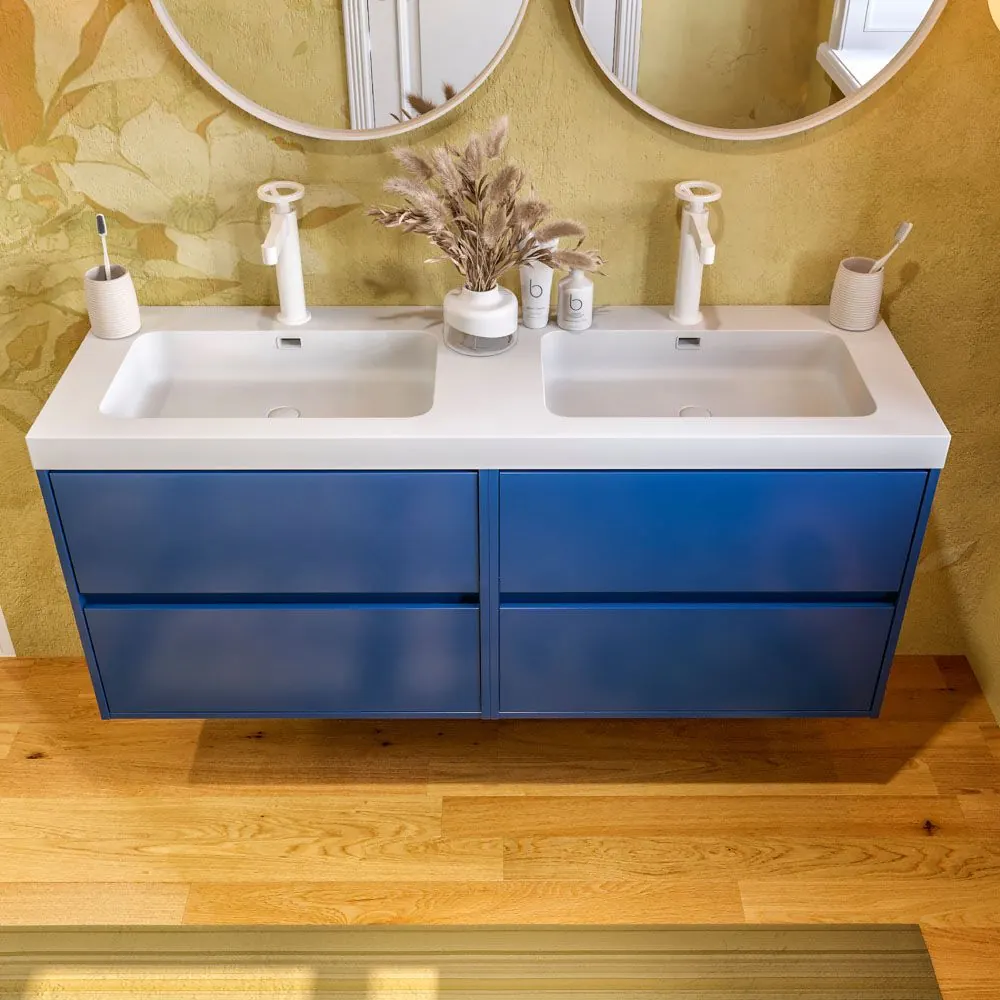 Mobile bagno sospeso cm 120 4 cassetti CARMEN con doppio lavabo 2 lavelli resina finitura BLU COBALTO - immagine 4