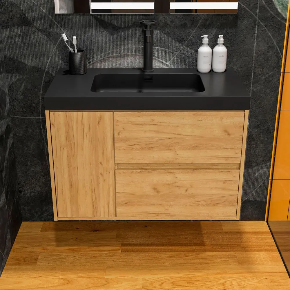 Mobile bagno sospeso 2 cassetti / 1 anta CARMEN con lavabo in resina finitura ROVERE CHIARO - immagine 3