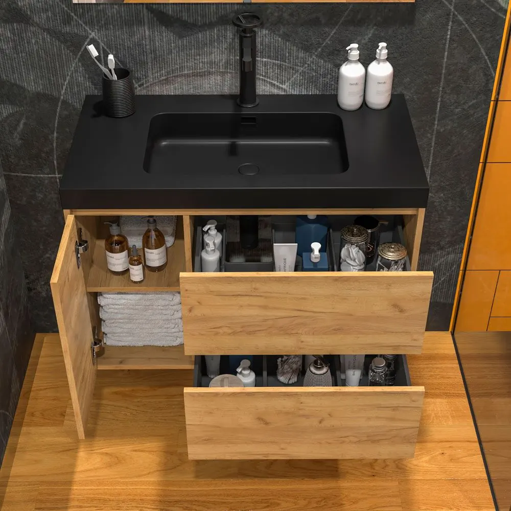 Mobile bagno sospeso 2 cassetti / 1 anta CARMEN con lavabo in resina finitura ROVERE CHIARO - immagine 2