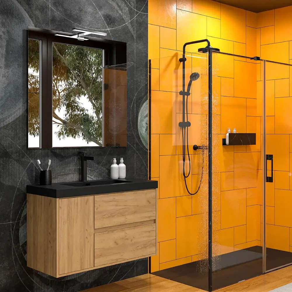 Mobile bagno sospeso 2 cassetti / 1 anta CARMEN con lavabo in resina finitura ROVERE CHIARO - immagine 4