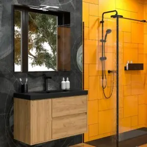 Mobile bagno sospeso 2 cassetti / 1 anta CARMEN con lavabo in resina finitura ROVERE CHIARO