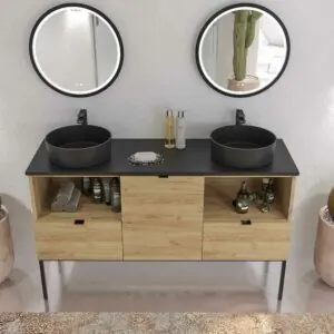 Mobile bagno con gambe ELLA 2 cassetti – 1 anta con top SOLID SURFACE finitura ROVERE CHIARO