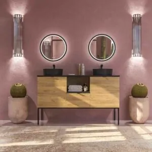 Mobile bagno ELLA con gambe 1 cassetto – 2 ante con rivestimento finitura SOLID SURFACE ROVERE CHIARO