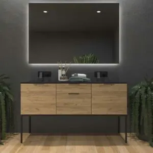 Mobile bagno ELLA con gambe 2 cassetti – 2 ante con piano SOLID SURFACE 2 vasche ROVERE CHIARO