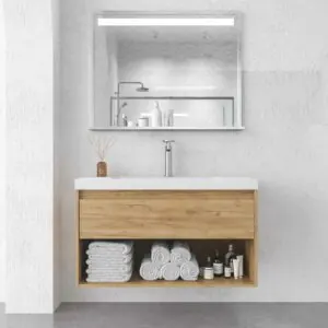 Mobile bagno sospeso 1 cassetto / 1 nicchia CARMEN con lavabo in resina finitura ROVERE CHIARO