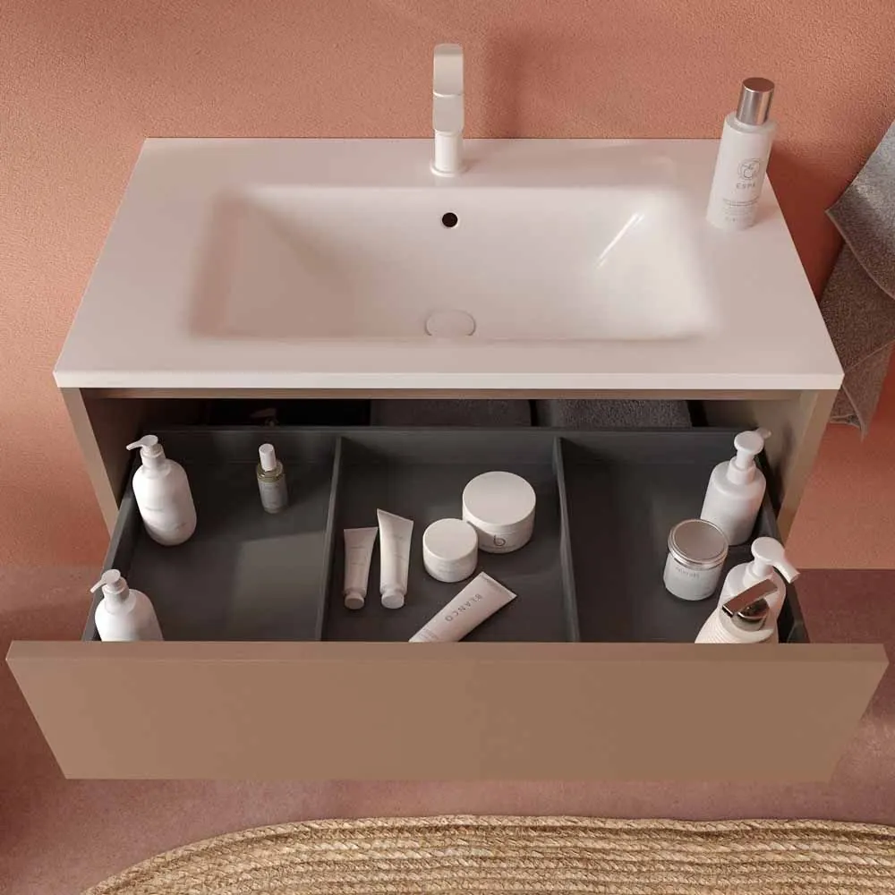 Mobile da bagno sospeso CLAIRE a 2 cassetti con lavabo in Solid Surface MARRONE PALLIDO - immagine 2