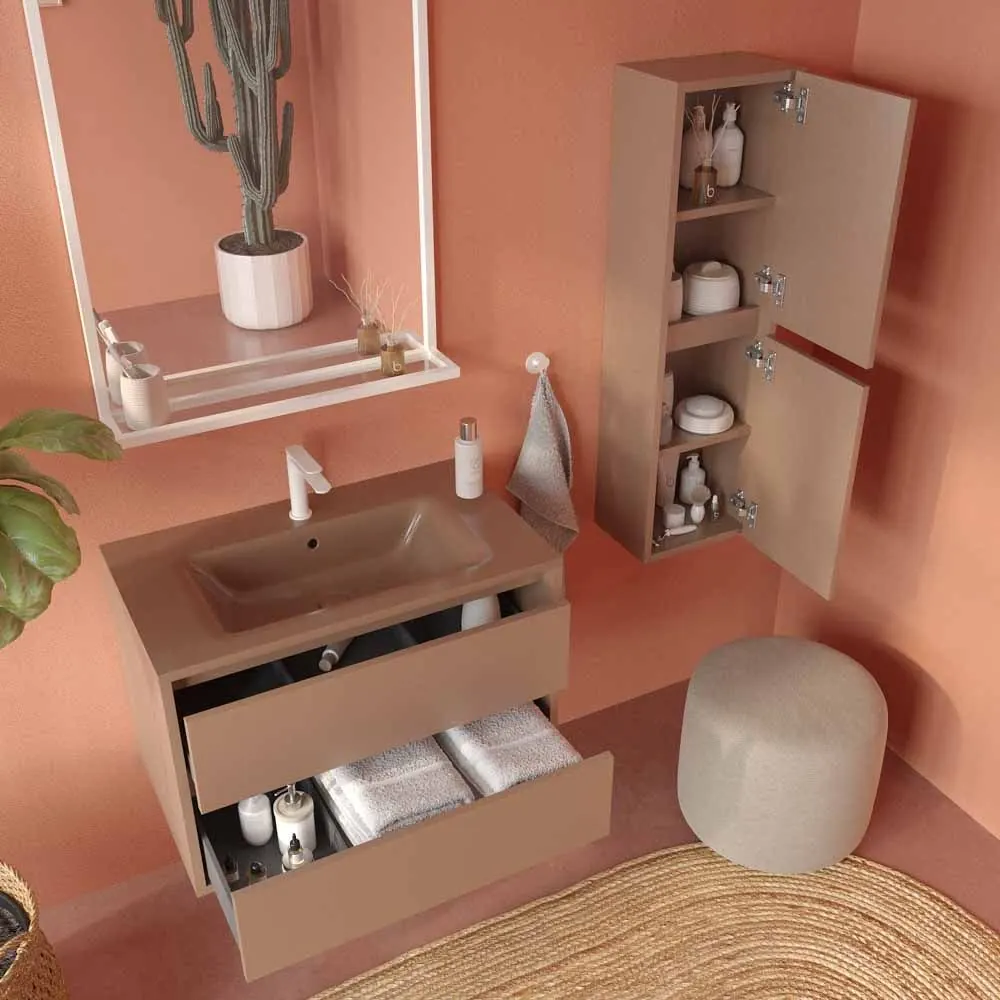 Mobile da bagno sospeso CLAIRE a 2 cassetti con lavabo in Solid Surface MARRONE PALLIDO - immagine 7