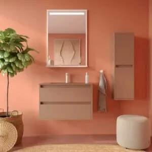 Mobile da bagno sospeso CLAIRE a 2 cassetti con lavabo in Solid Surface MARRONE PALLIDO