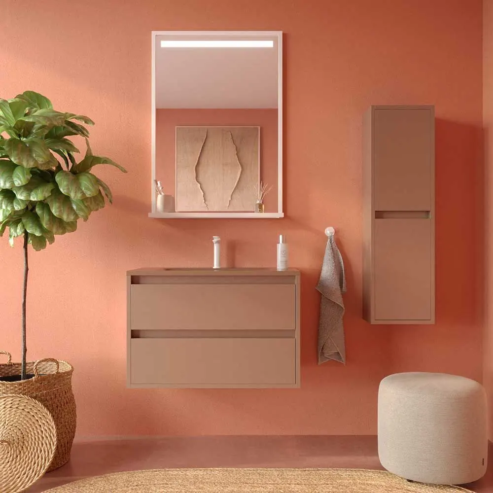 Mobile da bagno sospeso CLAIRE a 2 cassetti con lavabo in Solid Surface MARRONE PALLIDO
