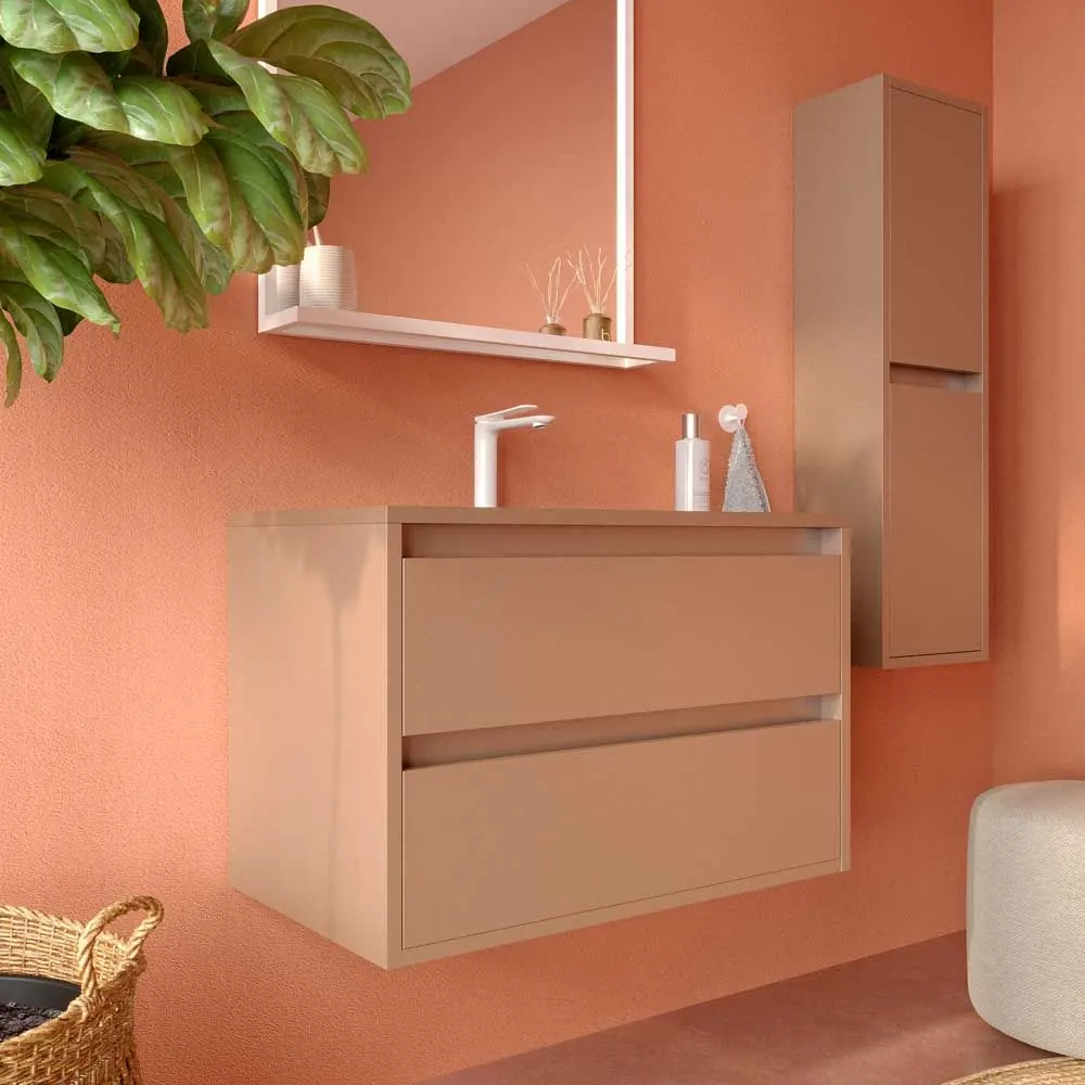 Mobile da bagno sospeso CLAIRE a 2 cassetti con lavabo in Solid Surface MARRONE PALLIDO - immagine 3
