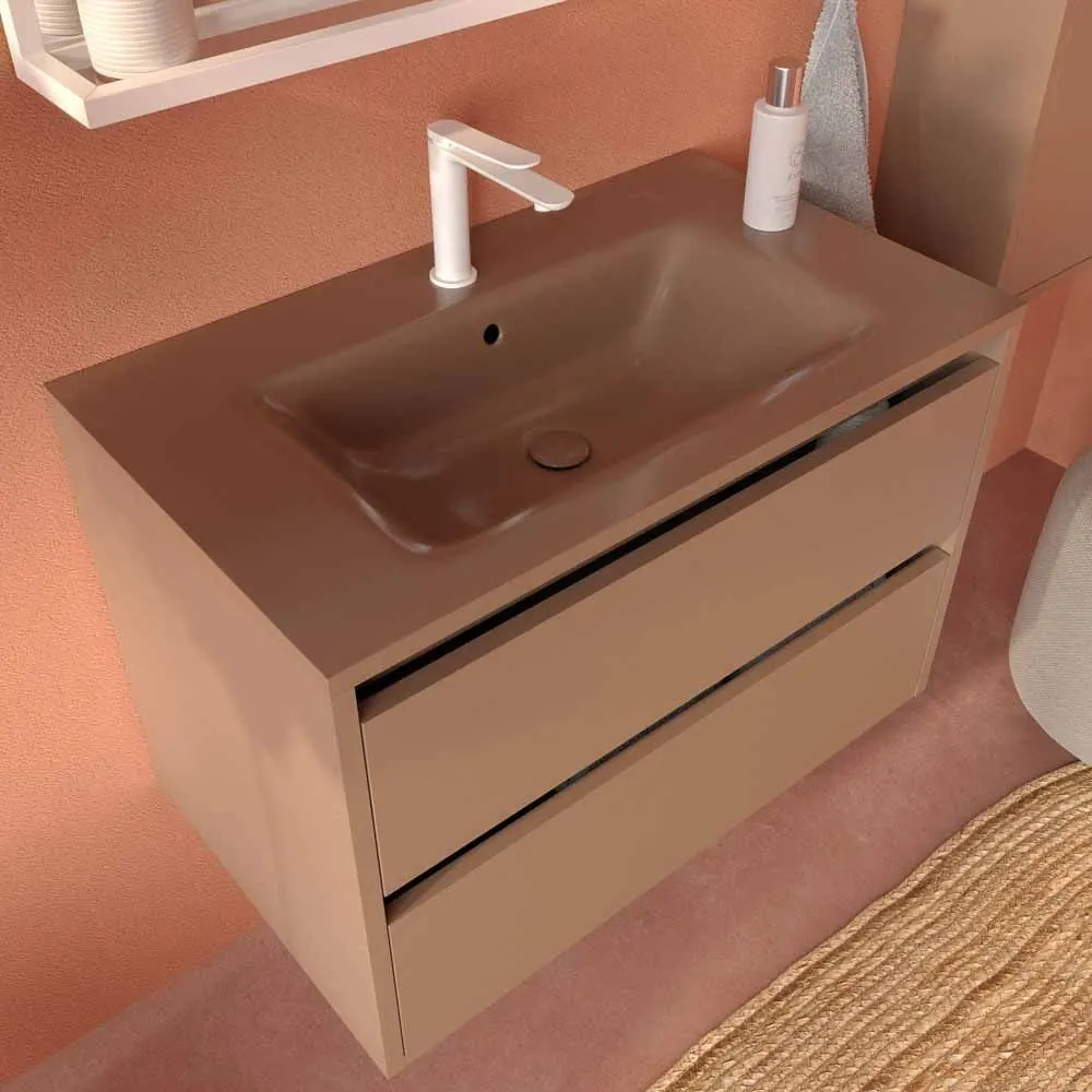 Mobile da bagno sospeso CLAIRE a 2 cassetti con lavabo in Solid Surface MARRONE PALLIDO - immagine 4