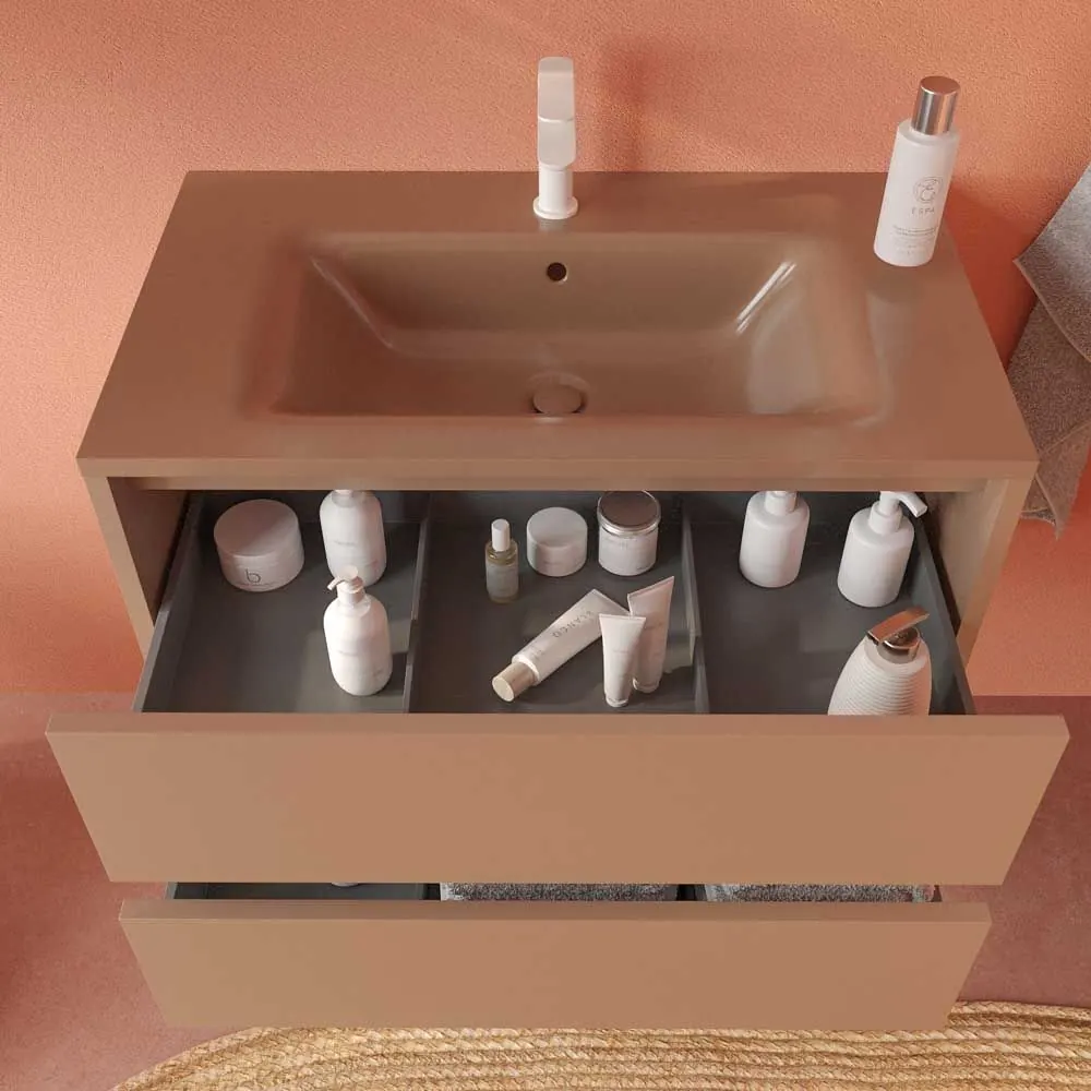 Mobile da bagno sospeso CLAIRE a 2 cassetti con lavabo in Solid Surface MARRONE PALLIDO - immagine 5