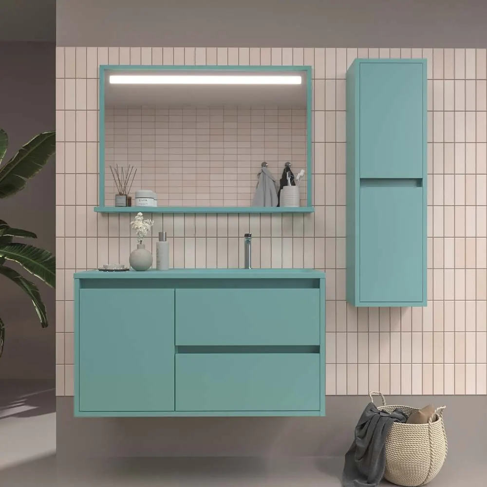 Mobile bagno sospeso 2 cassetti/1 anta CLAIRE con lavabo in Solid Surface TURCHESE
