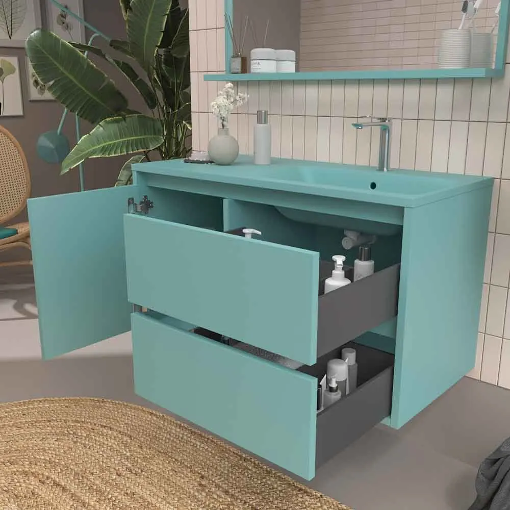 Mobile bagno sospeso 2 cassetti/1 anta CLAIRE con lavabo in Solid Surface TURCHESE - immagine 3