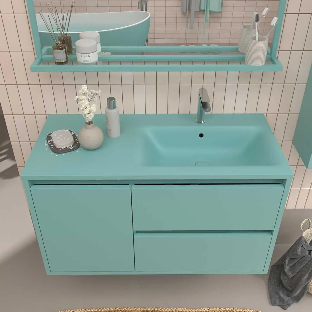Mobile bagno sospeso 2 cassetti/1 anta CLAIRE con lavabo in Solid Surface TURCHESE - immagine 7