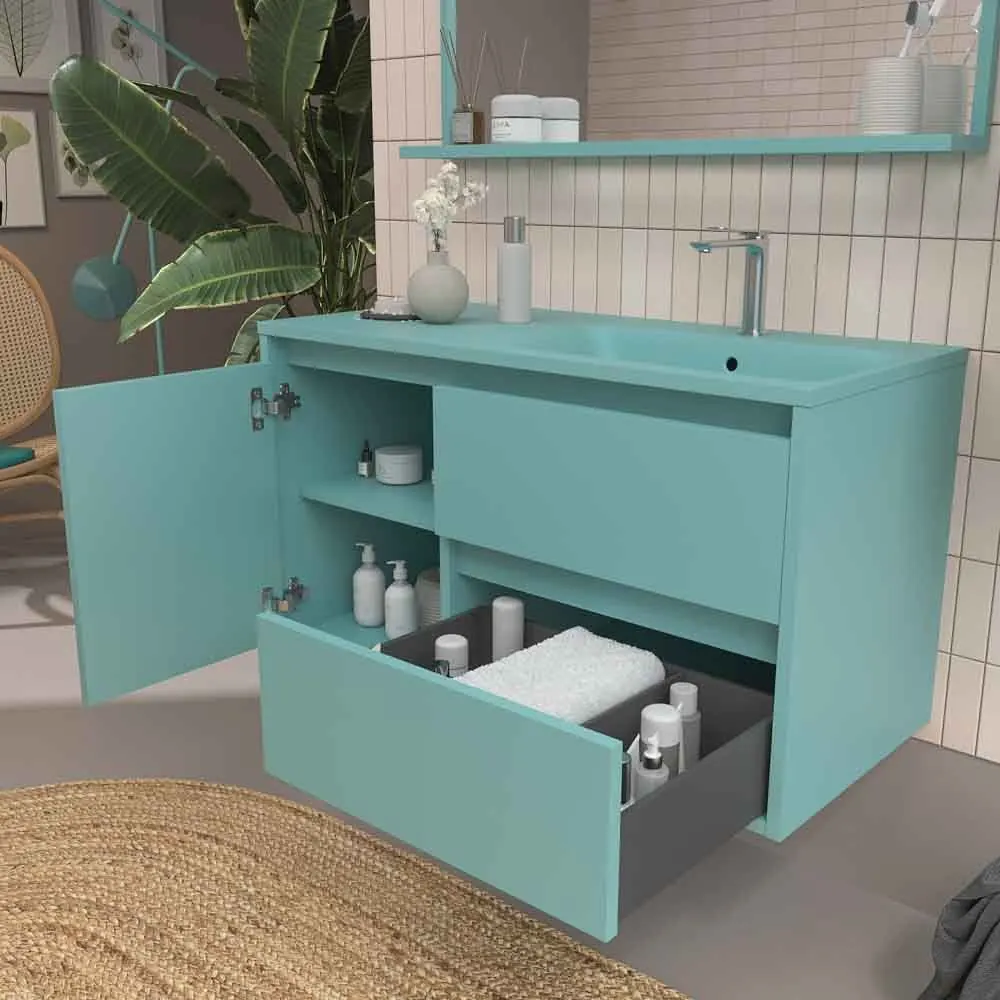 Mobile bagno sospeso 2 cassetti/1 anta CLAIRE con lavabo in Solid Surface TURCHESE - immagine 4
