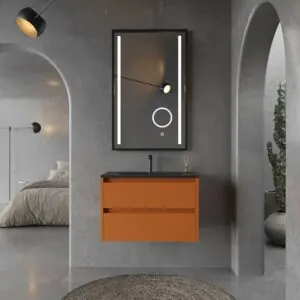 Mobile da bagno sospeso CLAIRE a 2 cassetti con lavabo in Solid Surface MARRONE ARANCIONE