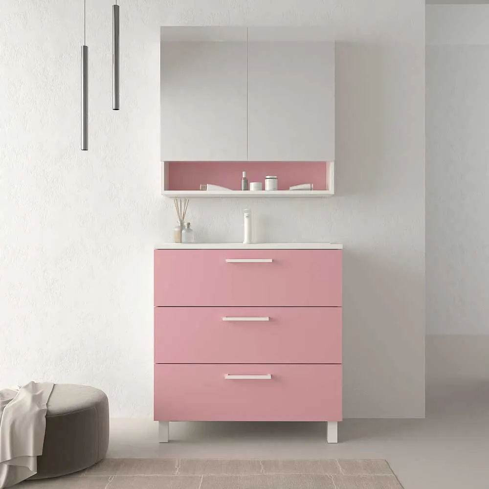 Mobile bagno con gambe NEXO 3 cassetti profondità ridotta 40 cm laccato opaco con lavabo in porcellana ROSA PALO