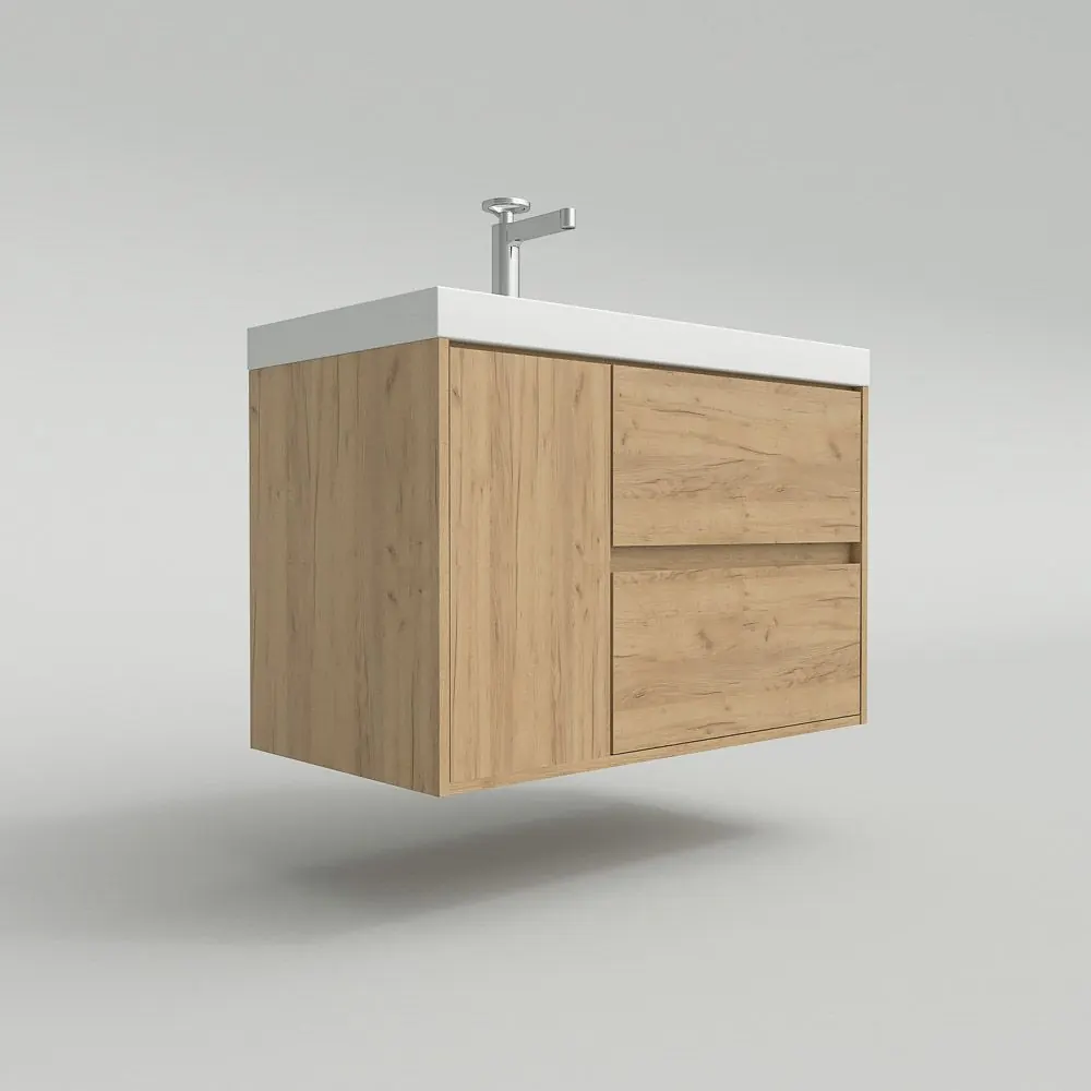 Mobile bagno sospeso 2 cassetti / 1 anta CARMEN con lavabo in resina finitura ROVERE CHIARO - immagine 9