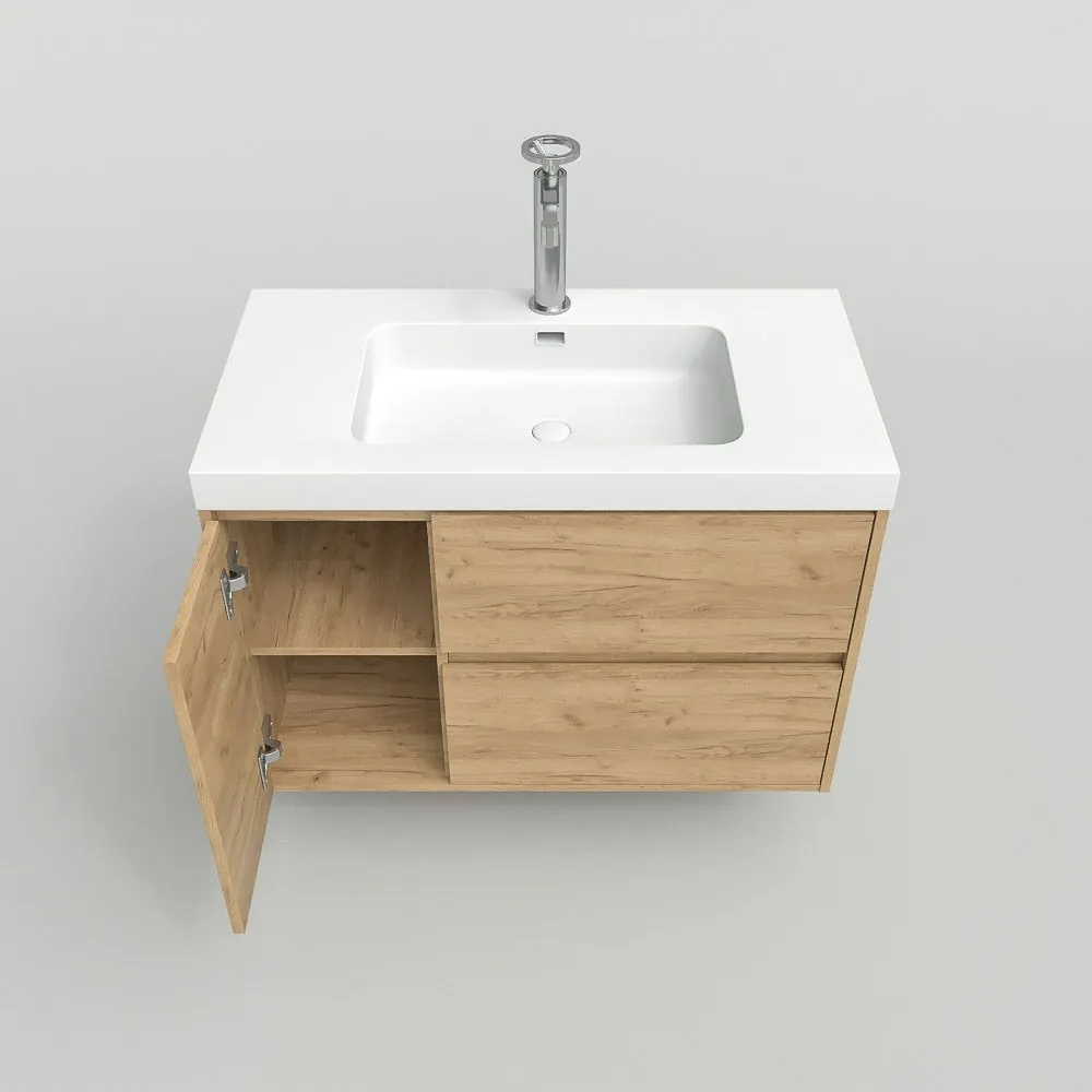 Mobile bagno sospeso 2 cassetti / 1 anta CARMEN con lavabo in resina finitura ROVERE CHIARO - immagine 8