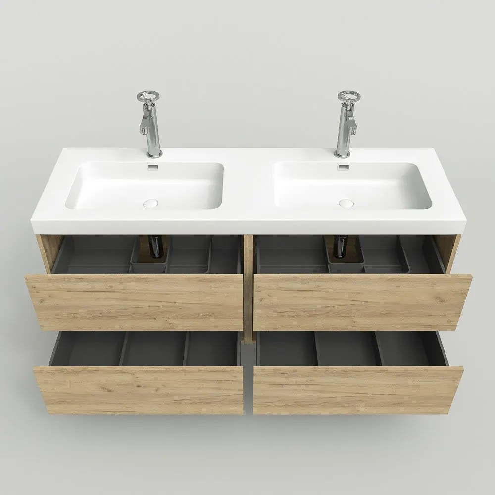 Mobile bagno sospeso 2 lavelli 4 cassetti 120 cm finitura ROVERE CHIARO - immagine 6