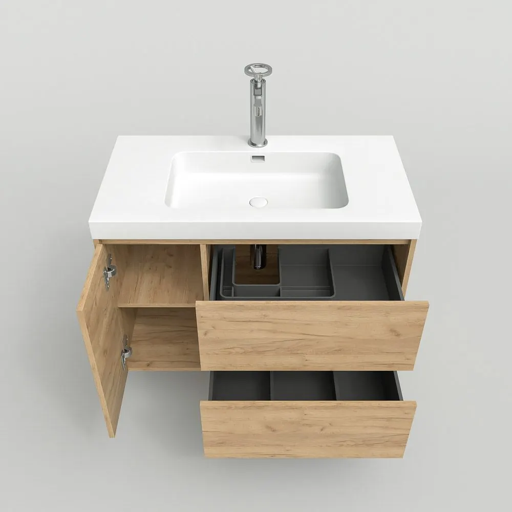 Mobile bagno sospeso 2 cassetti / 1 anta CARMEN con lavabo in resina finitura ROVERE CHIARO - immagine 7