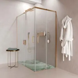 AXER parete doccia rettangolare 2 fissa – 2 ante scorrevoli in vetro 6 mm. ACCIAIO INOX finitura RAME