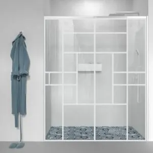 Parete doccia frontale AXER 1 fissa – 1 scorrevole anta in vetro 6 mm. arredamento industriale SOHO. Acciaio inox BIANCO OPACO