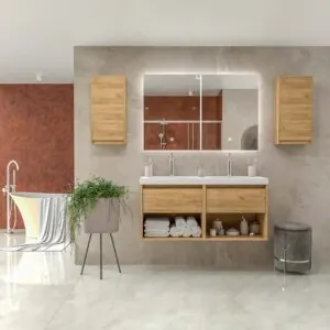 Mobile bagno sospeso 2 lavelli 4 cassetti / 2 fori 120 cm finitura ROVERE CHIARO