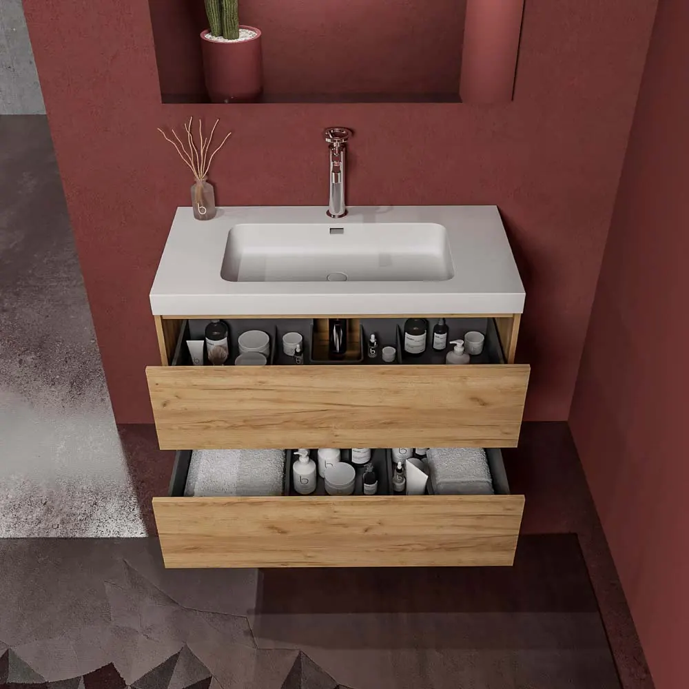Mobile bagno sospeso 2 cassetti CARMEN con lavabo in resina finitura ROVERE CHIARO - immagine 2