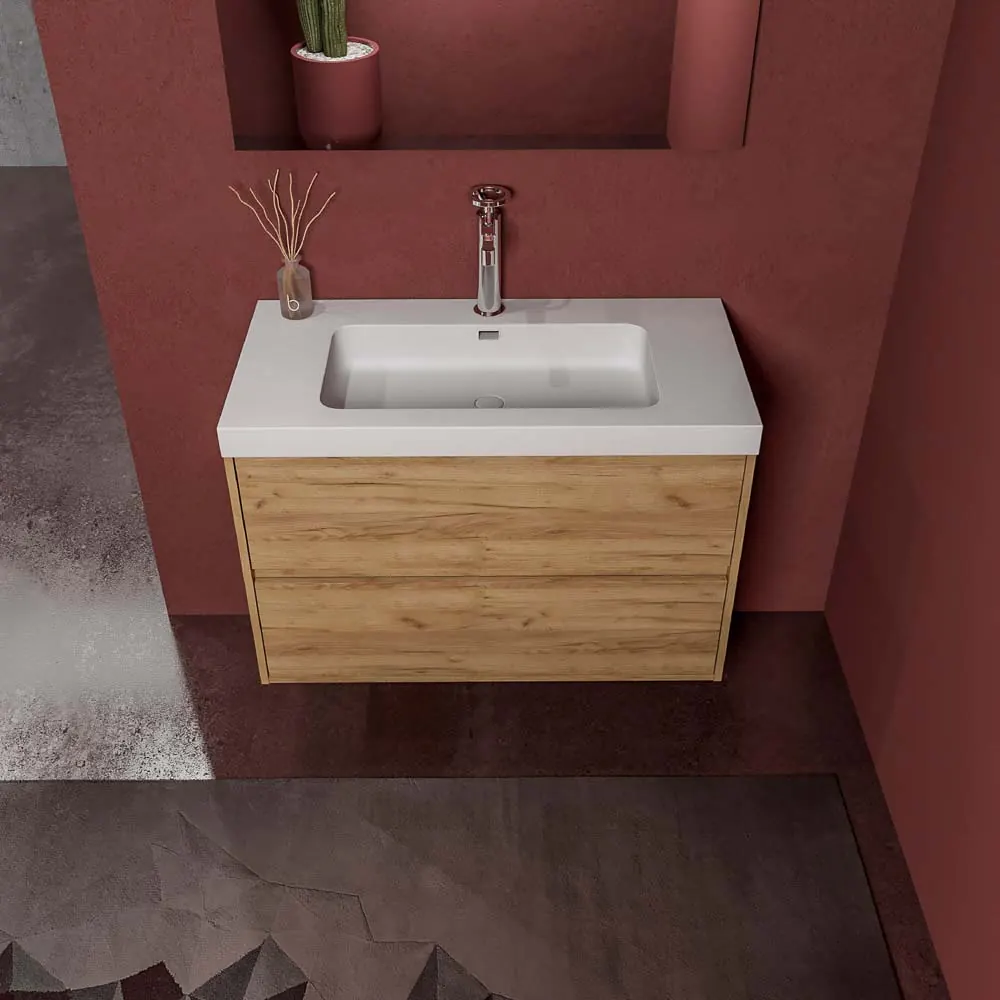Mobile bagno sospeso 2 cassetti CARMEN con lavabo in resina finitura ROVERE CHIARO - immagine 3
