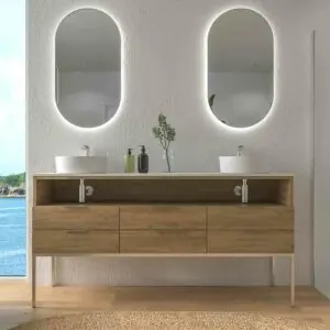 Mobile bagno con gambe ELLA 6 cassetti – 1 foro con coperchio SOLID SURFACE 2 lavelli ROVERE CHIARO