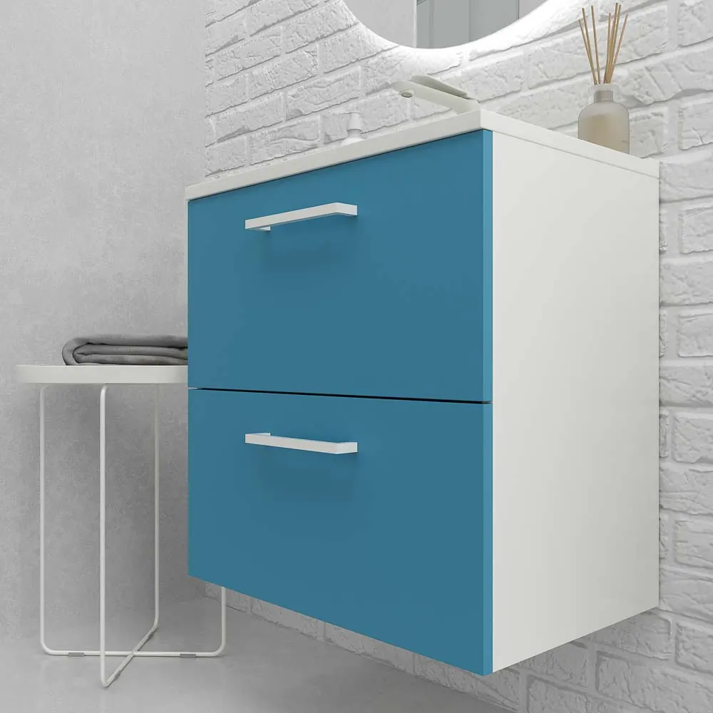 Mobile bagno sospeso NEXO 2 cassetti profondità ridotta 40 cm laccato opaco con lavabo in porcellana BLU/BIANCO - immagine 5