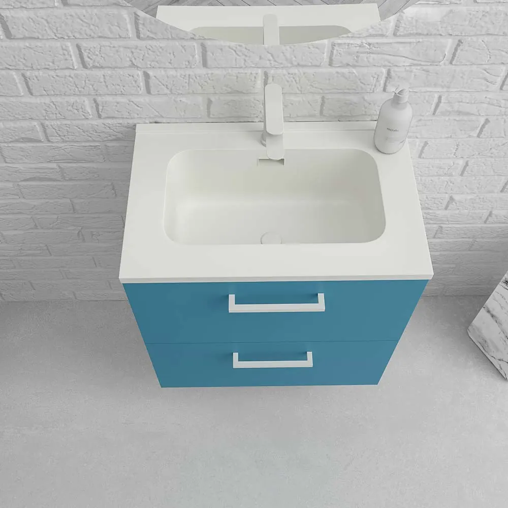 Mobile bagno sospeso NEXO 2 cassetti profondità ridotta 40 cm laccato opaco con lavabo in porcellana BLU/BIANCO - immagine 4