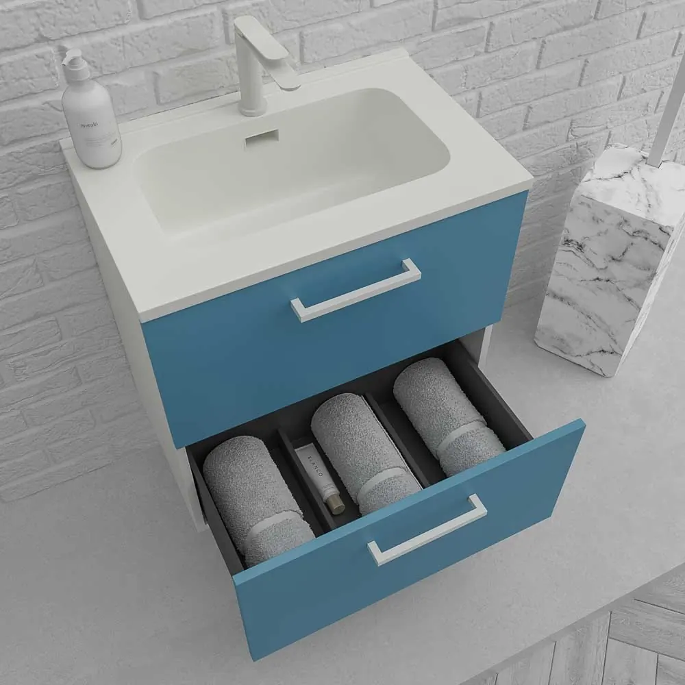 Mobile bagno sospeso NEXO 2 cassetti profondità ridotta 40 cm laccato opaco con lavabo in porcellana BLU/BIANCO - immagine 3