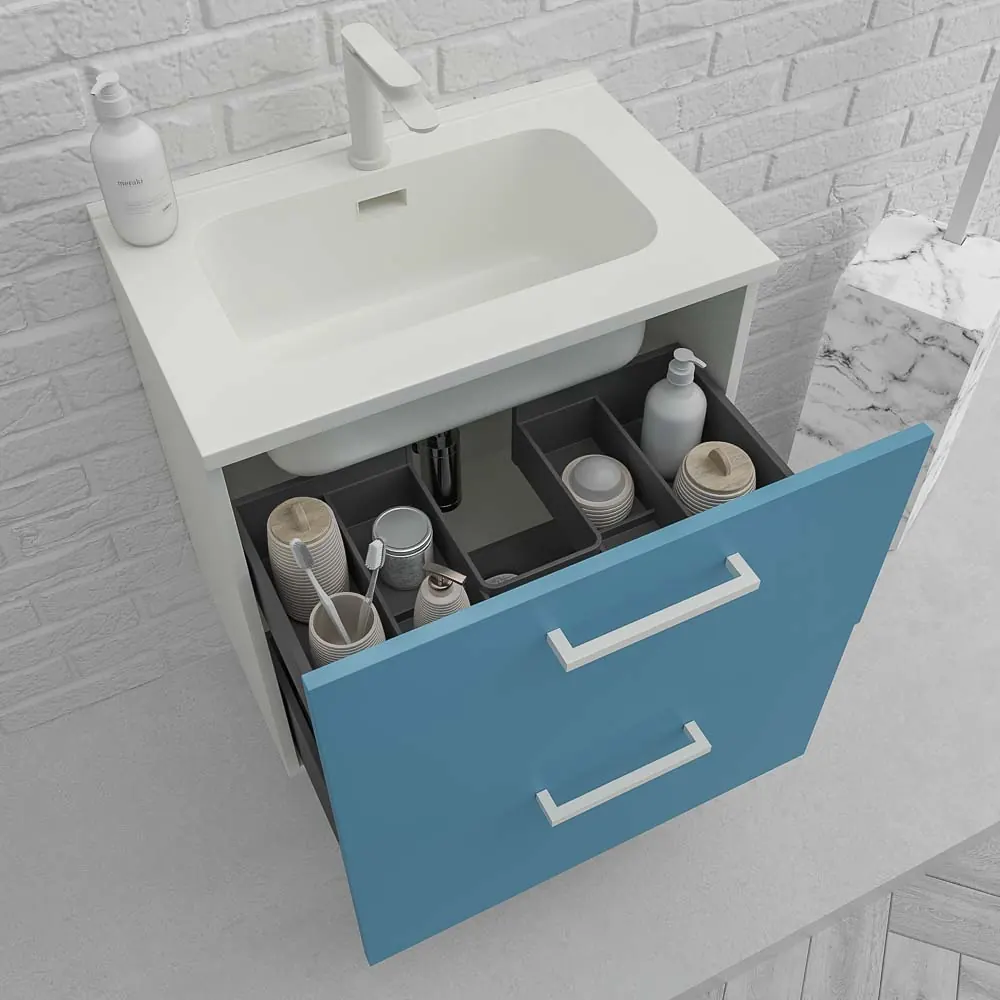 Mobile bagno sospeso NEXO 2 cassetti profondità ridotta 40 cm laccato opaco con lavabo in porcellana BLU/BIANCO - immagine 2