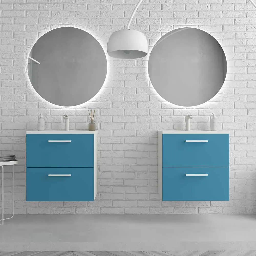 Mobile bagno sospeso NEXO 2 cassetti profondità ridotta 40 cm laccato opaco con lavabo in porcellana BLU/BIANCO