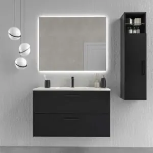 Mobile bagno sospeso NEXO 2 cassetti profondità ridotta 40 cm laccato opaco con lavabo in porcellana NERO