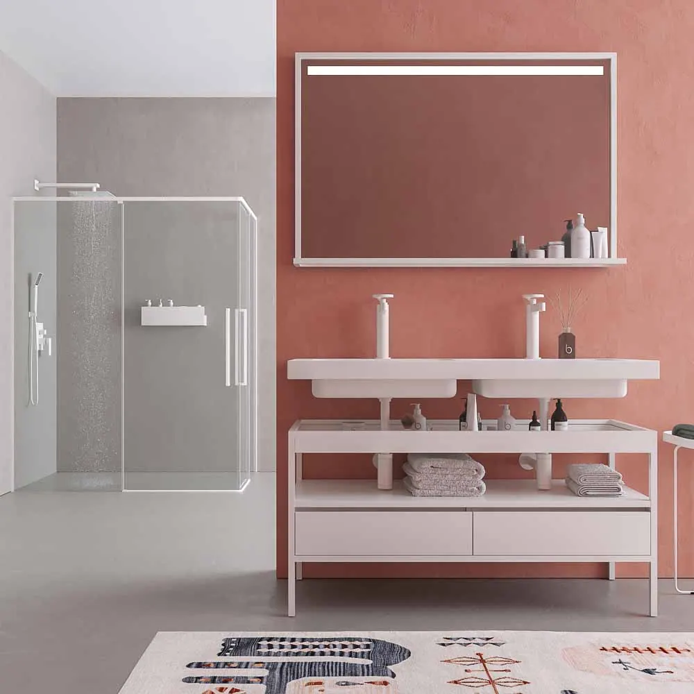 INDEX mobile bagno con struttura a gambe 2 cassetti lavabo sospeso 2 vasche BIANCO-CROMO - immagine 5