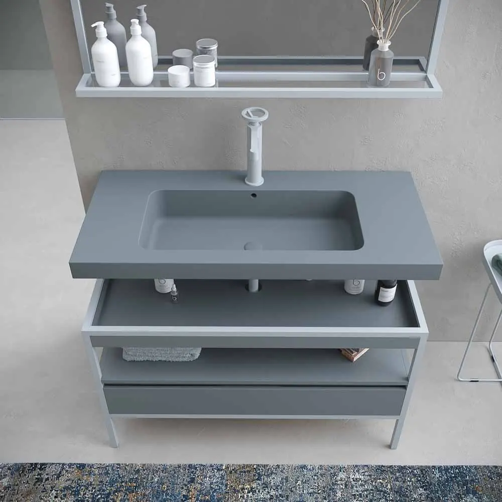 Mobile bagno con struttura a gambe INDEX lavabo sospeso 1 cassetto GRIGIO CEMENTO – GRAFITE - immagine 4